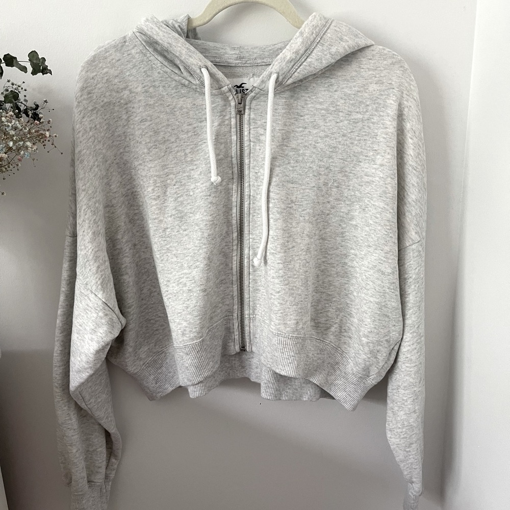Grey Cropped Zip Up Hoodie